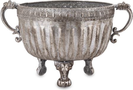 Srebrna postarzana antyczna metalowa osłonka wazon na nóżkach retro 163506