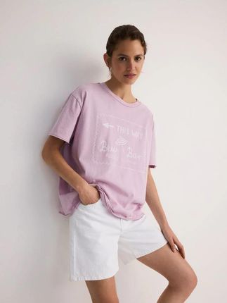 Reserved - T-shirt regular z nadrukiem - pastelowy róż