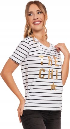 Koszulka Damska T-Shirt Bawełniana W Paski ze Złotym Nadrukiem Moraj XXL