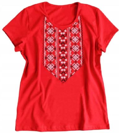 Koszulka damska r.M wyszywanka T-shirt Haftowany czerwony kolor r. 46