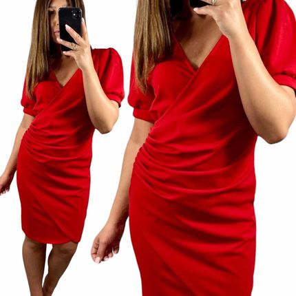 V745 Sukienka Kopertowa Marszczona Czerwona r. 42 (XL)