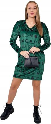 Sukienka welurowa z ozdobnym wzorem zielony + czarny
