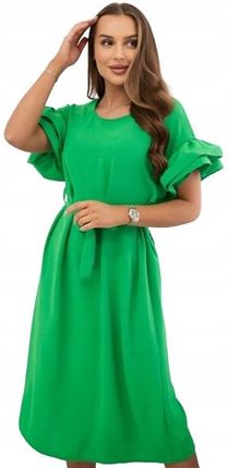 Sukienka wiązana w pasie z ozdobnym rękawem zielona