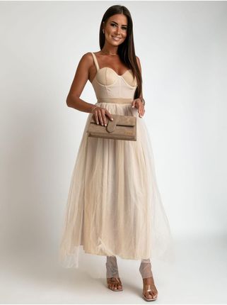 Sukienka z tiulową spódnicą beżowa AZR666