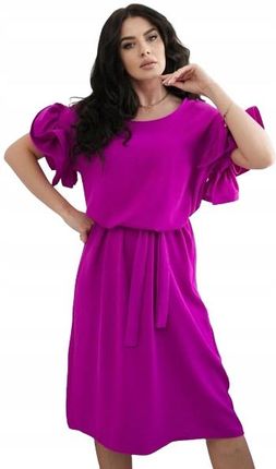 Sukienka wiązana w pasie z ozdobnym rękawem ciemno fioletowa