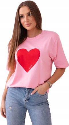 Bluzka bawełniana z nadrukiem serca jasno różowa