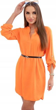 Sukienka z dłuższym tyłem i paskiem pomarańczowa