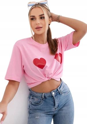 Bluzka bawełniana z nadrukiem serc jasno różowa