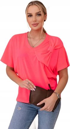 Bluzka bawełniana z ozdobną kokardą różowy neon