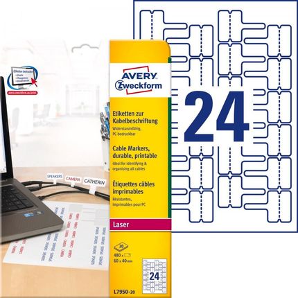 Avery Etykiety Do Oznaczania Kabli Zweckform A4 20Ark/Op. 60X40Mm Białe