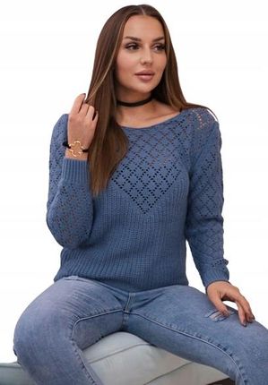 Sweter z ażurowym zdobieniem jeansowy