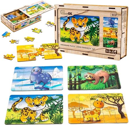 Puzzleok Puzzle Drewniane 4W1 Dzikie Zwierzęta