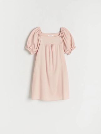 Reserved - Sukienka z bufkami z lnem - pastelowy róż