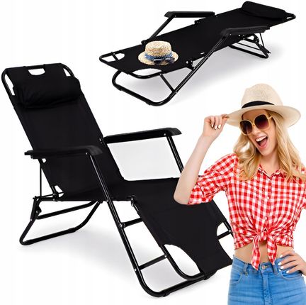 Modernhome Leżak Plażowy Ogrodowy Fotel Składany Rozkładany +Zagłówek Czarny