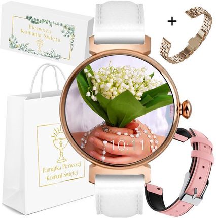 Rubicon Zegarek Smartwatch Amoled Komunia Rosegold Biały I Różowy Pasek Bransoleta