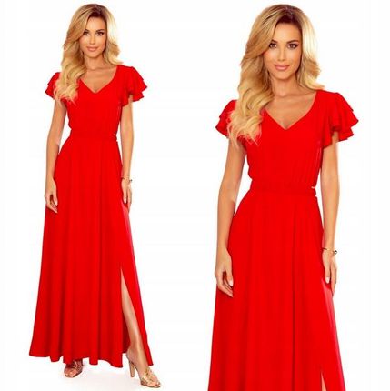 Sukienka suknia maxi długa z falbanami i rozporkiem czerwona 40 L