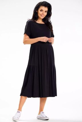 Rozkloszowana sukienka midi na krótki rękaw (Czarny, S)