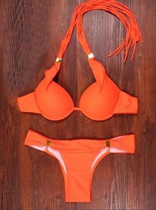 Damskie bikini z efektem push-up i frędzlami - 2 kolory Pomarańczowy, rozmiar 5 Rozmiary XS-XXL: XL