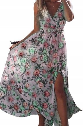 Sukienka w kwiaty szyfonowa z podszewką zwiewna z rozcięciem