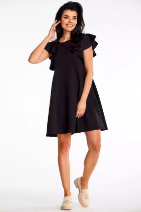 Trapezowa sukienka mini z falbanami na rękawach (Czarny, S)