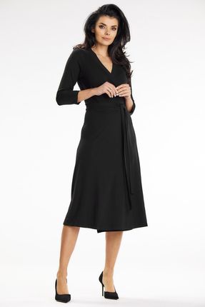 Swobodna sukienka midi z zakładanym dołem (Czarny, L)