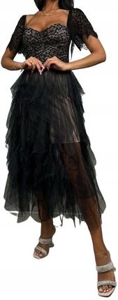 MD długa czarna tiulowa sukienka koronka rękaw L