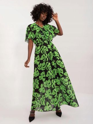 Sukienka maxi zielona z falbanką przy dekolcie