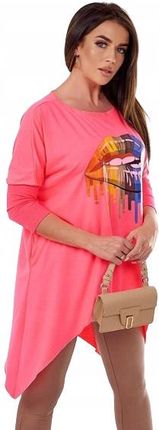 Bluzka oversize z nadrukiem tęczowych ust różowy neon