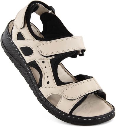 Skórzane sandały damskie komfortowe na rzepy beżowe Artiker 52C0294