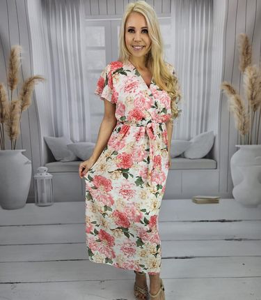 Letnia sukienka MAXI Elegancka Nadruk w kwiaty Dekolt serek