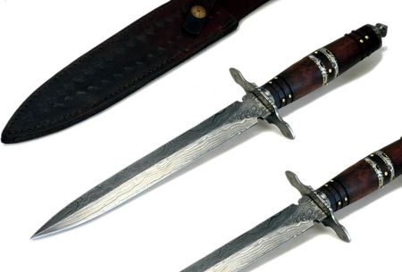 Nóż myśliwski ręcznie wykonany SZTYLET STAL DAMASCEŃSKA drewno etui kordzik