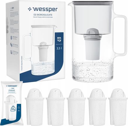 Dzbanek filtrujący Wessper D2 Borosilicate 3,3l 6X Filtr Aquaclassic WES202GR+5XFL02