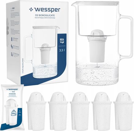 Dzbanek filtrujący Wessper D2 Borosilicate 3,3l 6X Filtr Aquaclassic WES202WH+5XFL02