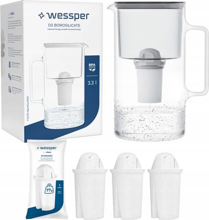 Dzbanek filtrujący Wessper D2 Borosilicate 3,3l 4X Filtr Aquaclassic WES202GR+3XFL02