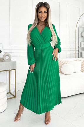 Plisowana sukienka midi z paskiem zielona
