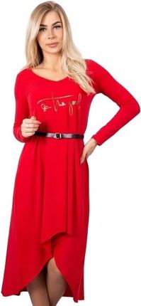 Sukienka z ozdobnym paskiem i napisem czerwona