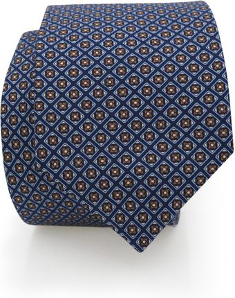 Granatowy ręcznie szyty jedwabny krawat w geometryczny wzór, brązowe kwiatki R65