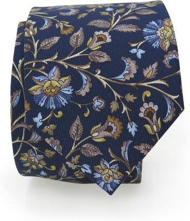 Granatowy ręcznie szyty jedwabny krawat we wzór, brązowe kwiatki R75