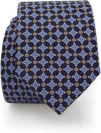 Granatowy ręcznie szyty jedwabny krawat w geometryczny wzór, kwiatki R66