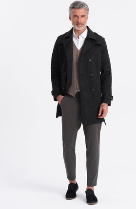 płaszcz męski trencz Slim Fit z paskiem czarny V2 OM-COSC-0111 L