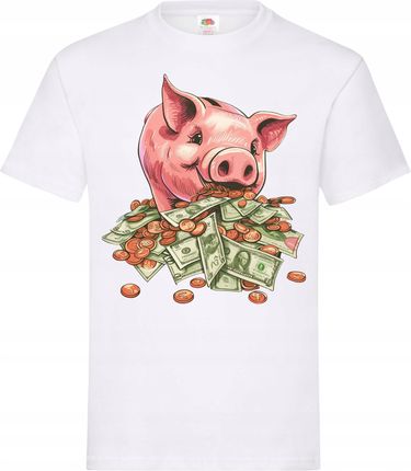 Koszulka męska ze świnką skarbonką pełną pieniędzy śmieszny T-shirt męski