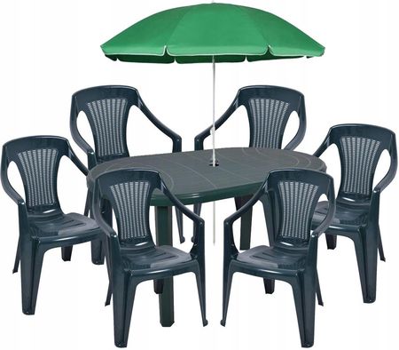 Ołer Zielony Brylant Zestaw Plastikowy Stół Krzesła Parasol 6+1