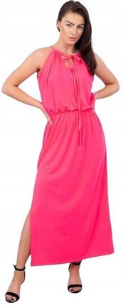 Sukienka boho z rozporkiem różowy neon