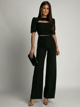 Elegancki komplet krótka bluzka i szerokie spodnie czarny AZR243041