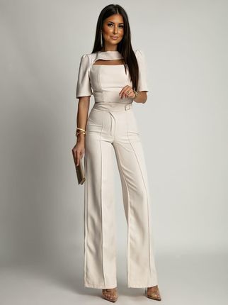 Elegancki komplet krótka bluzka i szerokie spodnie złamana biel AZR243041