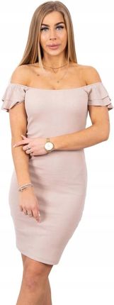 Sukienka z falbankami prążkowana ciemno beżowa