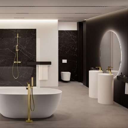 Neoro – Twoja kompletna łazienka z umywalkami miską WC wanną i prysznicem oraz z bateriami podświetlanymi lustrami i toaletką Bad des Monats Set4,