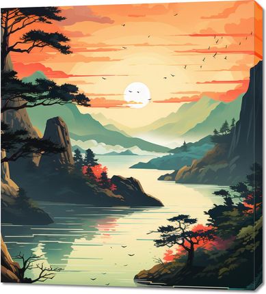 Zakito Posters Obraz 90x100cm Zachodzące Słońce nad Spokojnym Jeziorem