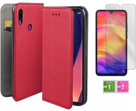 Martech Etui Z Klapką Do Xiaomi Redmi Note 7 Czerwony Smart Magnet Case Szkło 9H