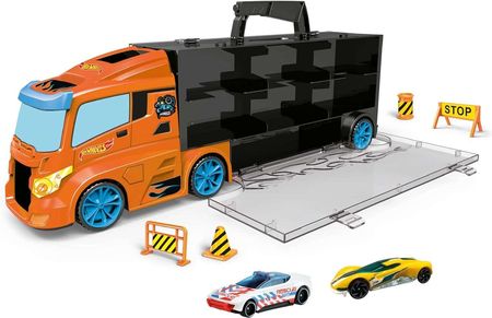 Hot Wheels pojemna Ciężarówka Transporter + 2 kolorowe autka samochodziki wyścigowe i akcesoria drogowe